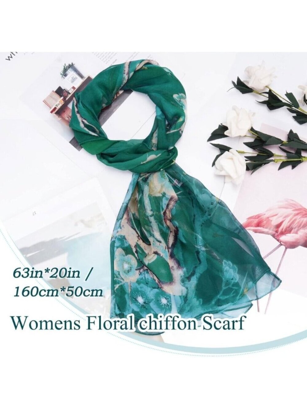 Women's Dark Green Fashion Lightweight Head Scarf Floral Print Chiffon Scarf - Picture 3 of 7